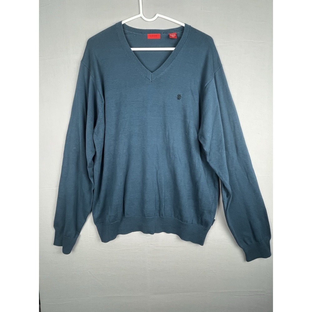 IZOD Sweater Mens Large Blue V Neck Cotton Pullover Lightweight